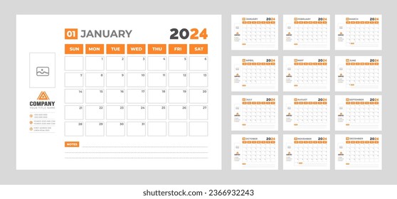 2024 Calendar Desktop Planner Template. Corporate business wall or desk simple Planner calendar with week start Sunday.  Set of 2024 Calendar Planner Template with Place for Photo and Company Logo.