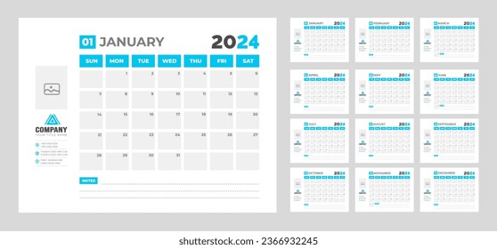 2024 Calendar Desktop Planner Template. Corporate business wall or desk simple Planner calendar with week start Sunday.  Set of 2024 Calendar Planner Template with Place for Photo and Company Logo.