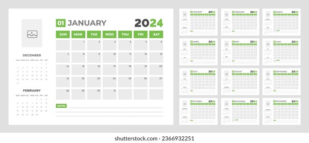 2024 Calendar Desktop Planner Template. Corporate business wall or desk simple Planner calendar with week start Sunday.  Set of 2024 Calendar Planner Template with Place for Photo and Company Logo.