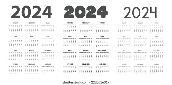 2024 calendar in different fonts style vector illustration. Simple classic monthly calendar for 2024 in sans, bold, cartoon font. The week starts Sunday. Minimalist calendar planner year 2024 template