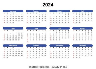 2024 calendar, english, horizontal. Simplevector illustration. Plan your year