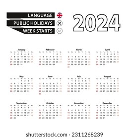 2024 calendar in English language, week starts from Sunday. Vector Illustration.