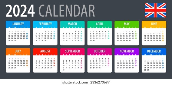 Calendario 2024 - Versión en inglés - Plantilla de vectores