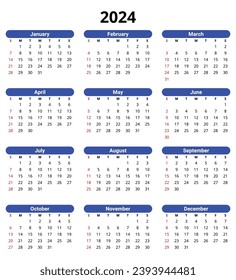 2024 calendar, english, vertical. Simplevector illustration. Plan your year