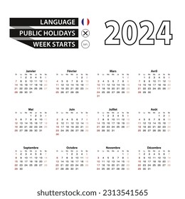 Calendario 2024 en francés, la semana comienza el domingo. Ilustración vectorial.