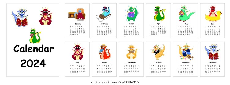 2024 calendar with Funny fantasy characters dragon . Calendar planner minimal style, annual organizer. Vector illustration	