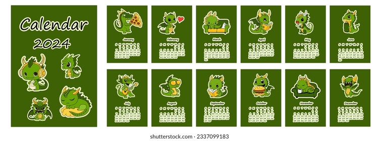 2024 calendar with green dragons design. Calendar planner minimal style, annual organizer. Vector illustration