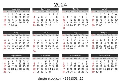 2024 calendar, horizontal. Modern vector illustration. Plan your year with style