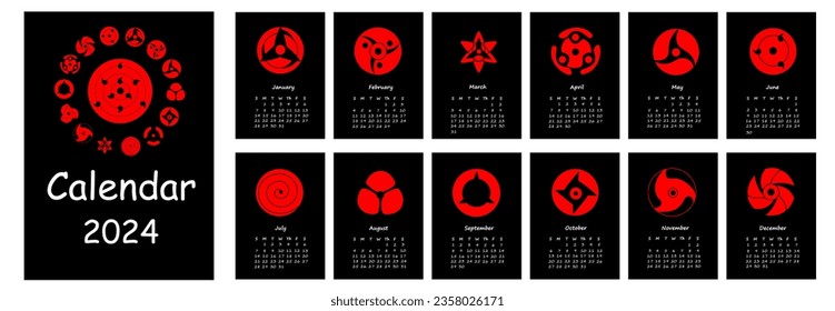 2024 calendar with Icon Sharingan. Calendar planner minimal style, annual organizer. Vector illustration svg