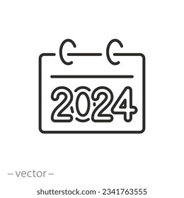2024 calendar icon, thin line symbol on white background - editable stroke vector illustration eps10