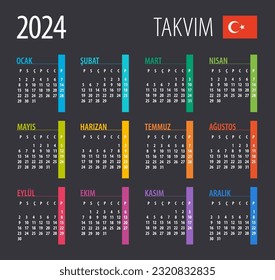 2024 Calendar - illustration. Template. Mock up Turkish version