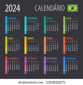 2024 Calendar - illustration. Template. Mock up Brazilian version