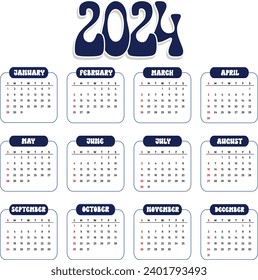 2024 Calendar - illustration. The week starts on Monday. Calendar Set for 2024. EPS 8 Vector.