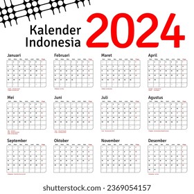 2024 Calendar for indonesian - illustration. Template. Mock up Week starts Sunday, kalender indonesia tahun 2024
