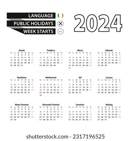 2024 calendar in Irish language, week starts from Sunday. Vector Illustration.