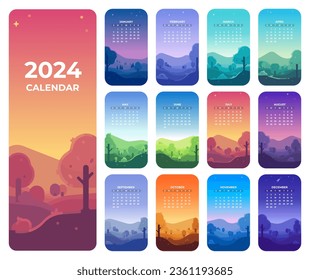 Un calendario 2024 con ilustraciones de paisaje de cada mes. Ilustraciones verticales de todos los meses del año, desde el invierno hasta el verano. 