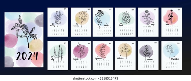 2024 calendar layout on a botanical theme. Calendar design concept with flowers on watercolor dots. Set of 12 months start on Sunday