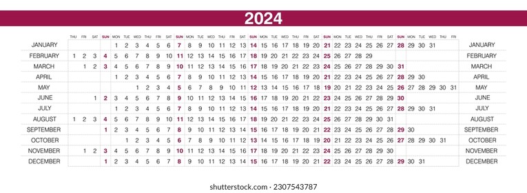 2024 calendar. Linear horizontal planner for year. Yearly calender template. Week starts Sunday. Annual schedule grid with 12 months. Landscape orientation, English. Simple design. Vector illustration