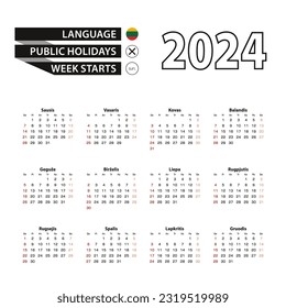 2024 calendar in Lithuanian language, week starts from Sunday. Vector Illustration.