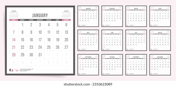 Calendario 2024. Diseño cuadrado mínimo para la planificación anual. Plantilla clásica adecuada para uso profesional o personal, escritorio o pantalla de pared.