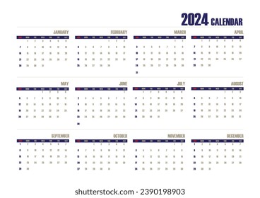 2024 Calendar Minimal White with Blue. Simple Calendar and Planner. Weeks starts Sunday. Monthly Annual Calendar Vector Illustration