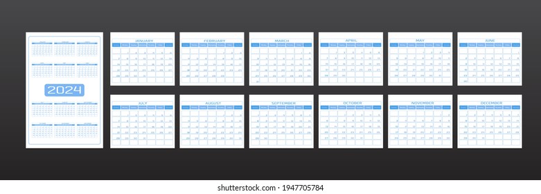 2024 calendar in minimalistic urban trendy style. set of 12 months template daily planner to-do list for every day. rounded streamlined shape, delicate light blue color. week starts on Sunday.