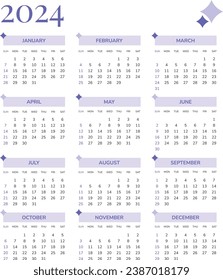 2024 Calendar modern Professional template sunday start new year 12 months monthly planner layout design vector background minimal style vector schedule ready to print.