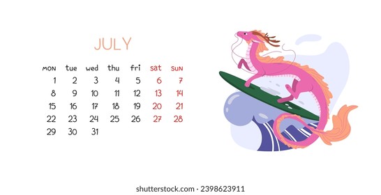 Calendario 2024 para el mes de julio con el dragón chino. Calendario de semanas de verano con el símbolo del año nuevo lunar. Viajes de dragón rosado en la cresta de la ola. Ilustración vectorial de la página horizontal