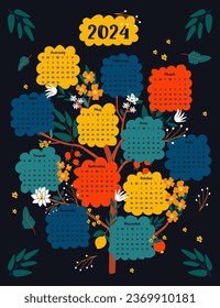 2024 calendar with month on the tree and tropical flowers and fruits on branches. Creative vector illustration on dark blue background.