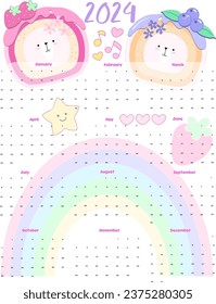 2024 calendar monts. posters for notes with tlat rainbow colours Planners for schoolchildren. Cartoon character flat vector collection isolated kawaii for kids