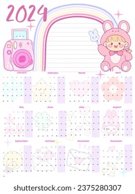 2024 calendar monts. posters for notes with tlat rainbow colours Planners for schoolchildren. Cartoon character flat vector collection isolated kawaii for kids