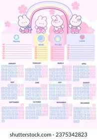 2024 calendar monts. posters for notes with tlat rainbow colours Planners for schoolchildren. Cartoon character flat vector collection isolated kawaii for kids