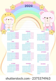 2024 calendar monts. posters for notes with tlat rainbow colours Planners for schoolchildren. Cartoon character flat vector collection isolated kawaii for kids