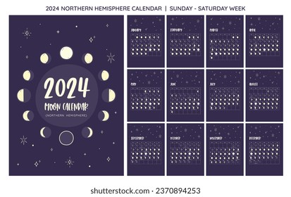 2024 Calendar. Moon phases foreseen from Northern Hemisphere. One month per sheet. Week starts on SUNDAY. EPS Vector. No editable text.