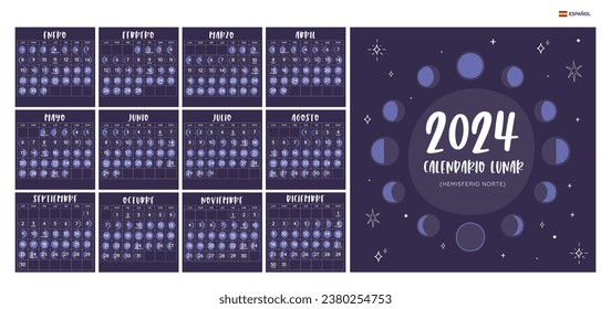 2024 Calendar. Moon phases foreseen from Northern Hemisphere. Spanish Text. Square format. One month per sheet. Week starts on Monday. EPS Vector. No editable text.