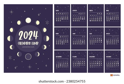 Calendario 2024. Fases lunares previstas del hemisferio sur. Texto en español. Un mes por hoja. La semana comienza el lunes. Vector EPS. No hay texto editable.