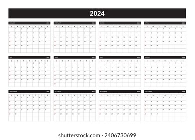 2024 Calendar, New Year 2024. 2024 Monthly Calendar Template. 2024 Planner Template. Black and White Modern Minimalist Style Calendar.