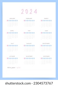 2024 Calendar. One Page Design with Clean Layout, Sunday Week Start.