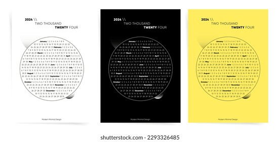 2024 calendar one page template. Vector set of black, white, yellow calendars. Circular template 12 months one page calendar planner for 2024 year.