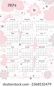 2024 Calendar with pink clouds and smiling flowers in pale pastel colors. Vector illustration for nursery room decoration. Week starts on Sunday