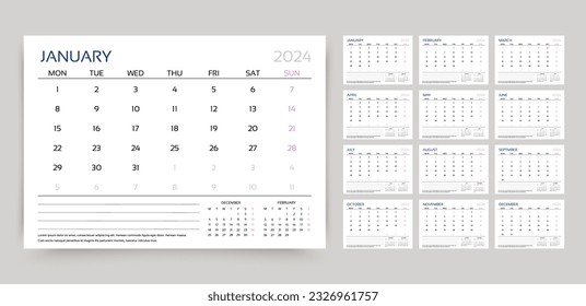 2024 calendar. Planner, calender template. Week starts Monday. Yearly stationery organizer. Table schedule grid with 12 month. Corporate monthly diary layout. Vector illustration. Horizontal design