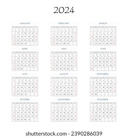 2024 calendar planner. Corporate week. Template layout, 12 months yearly, white background. Simple design for business brochure, flyer, print media, advertisement. Week starts from Monday