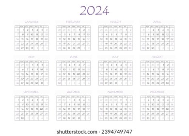 2024 calendar planner. Corporate week. Template layout, 12 months yearly, white background. Simple design for business brochure, flyer, print media, advertisement. Week starts from Monday