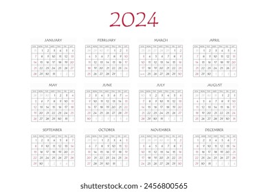 2024 calendar planner. Corporate week. Template layout, 12 months yearly, white background. Simple design for business brochure, flyer, print media, advertisement. Week starts from Monday