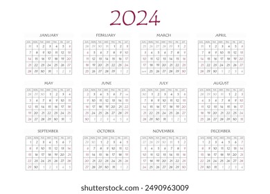 2024 calendar planner. Corporate week. Template layout, 12 months yearly, white background. Simple design for business brochure, flyer, print media, advertisement. Week starts from Monday
