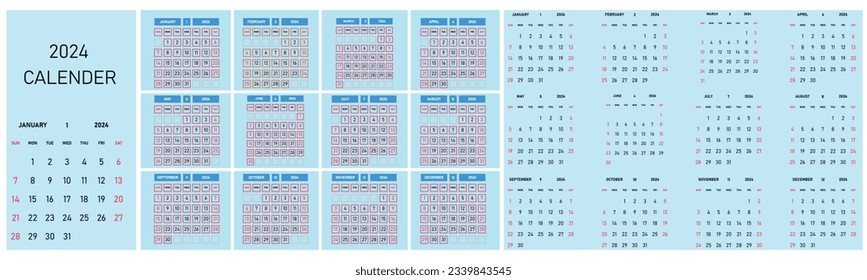 2024 Calendar Planner in English language.Week start sunday.
corporate planner design template idea concept.