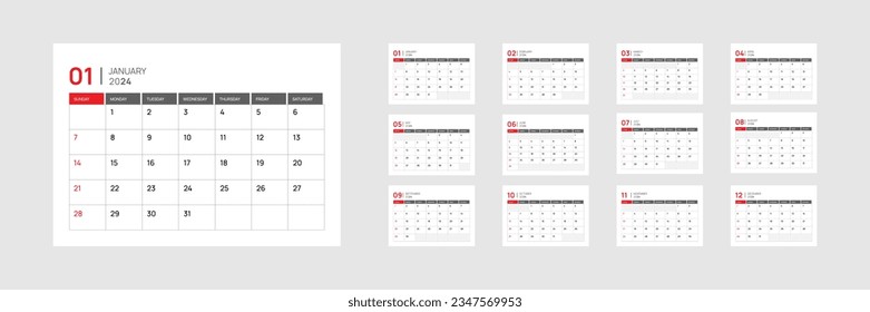 2024 Calendar Planner minimal template design. Vector calendar. Desktop planner in simple clean style. Corporate or business calendar.