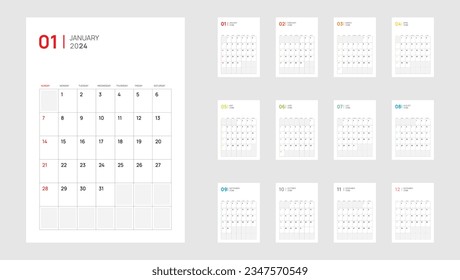 2024 Calendar Planner minimal template design. Vector calendar. Wall planner in simple clean style. Corporate or business calendar.