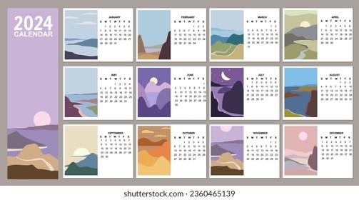 2024 Calendar planner set of 12 minimalistic abstract landscape natural backgrounds