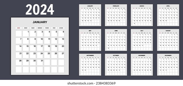 2024 Calendar, planner. Sunday start annual calendar template